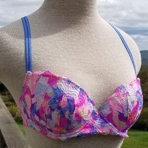Victoria’s Secret PINK Push Up Bra 34C Lace Underwire Floral Bright Colors